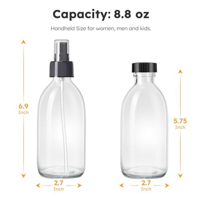 Tecohouse 2 Pack Glass Spray Bottles, 250ml Small Glass Bottles for Cleaning Solutions, Spray Bottles for Essential Oils, Plants, with Durable Nozzle, Labels, Funnel - Clear - color: 8.5 oz Clear-Black Lids