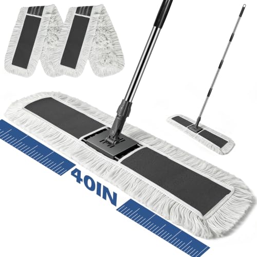 MASTERTOP 40" Commercial Dust Mop for Floor Cleaning, Heavy Duty Flat Mop | Industrial 64" Long Handle Push Broom with 2 Cotton Pads for Hardwood, Tile, Laminate, Concrete, Warehouse & Gym Cleaning - color: Grey(40"*8.3")