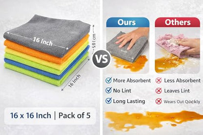 Microfiber Cleaning Cloths 5 Pack – Ultra Absorbent Lint-Free Reusable Kitchen & Car Cleaning Towels – Soft Scratch-Free Multipurpose Cloth for Home, Dish, Glass & Surface Cleaning