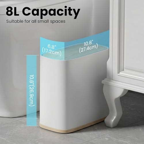 Bathroom Trash Can, 2.1 Gallon Small Slim Garbage Can with Lid and Wheels, Air-Press Bag Expander & Inner Bucket, White Plastic Waste Basket Dog Proof for Kitchen, Office, Bedroom, Garbage Trash Bin - color: White and Wood Grain, size: 8L/2.1Gal