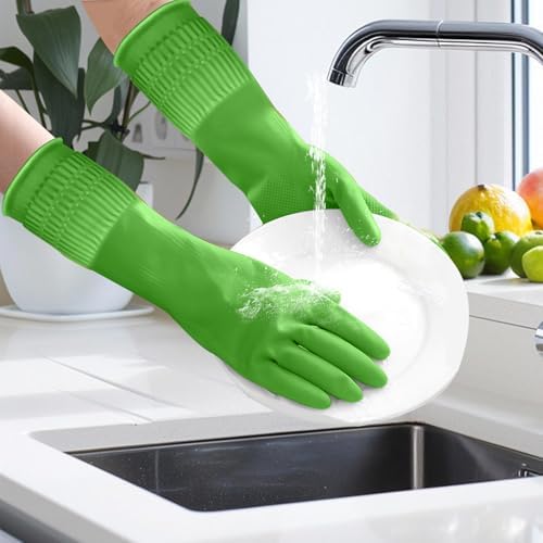 Rubber Gloves for Cleaning with Long Cuffs Waterproof Dishwashing Household Gloves with Grip for Kitchen Bathroom - color: Green, size: Small