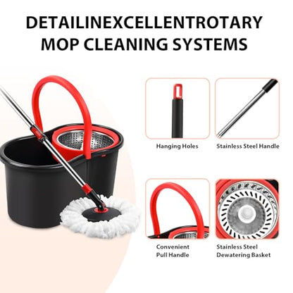 Spin Mop and Bucket with Wringer Set,360° Mop and Bucket System with One Microfiber Mop Refills and 50" Extended Handle for Floor Cleaning (Black)