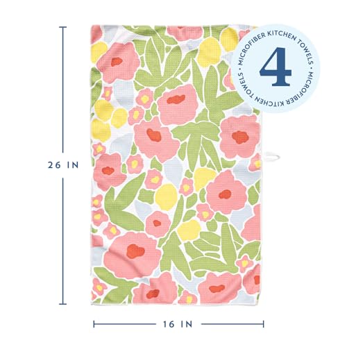 ELYN Microfiber Kitchen Dish Towel Set, Quick-Dry & Absorbent Waffle Weave Cleaning Towels, Set of 4 Kitchen Towels, Paper Towels Alternative (Bold Floral & Geo) - color: Bold Floral & Geo, style: Dish Towel - 4 Pack