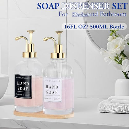 Dish and Hand Soap Dispenser for Kitchen,Glass Soap Dispenser with Pump,Tray,Funnel, Set of 2 Countertop Soap and Lotion Dispenser for Bathroom,Shower,500ml/16.9oz, - color: Ks-5010-34y-2g