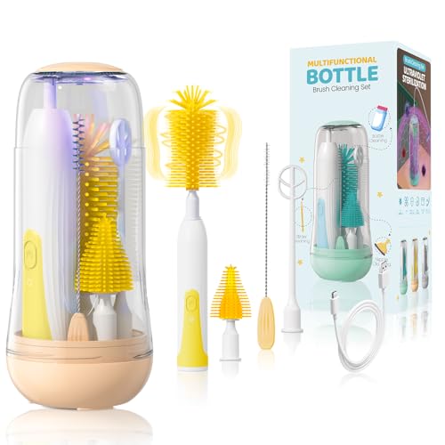 IvyWind Electric Travel Baby Bottle Brush Set with Storage Box, Automatic Bottle Cleaner Brush Kit with Silicone Bottle/Nipple/Straw Brush,Milk Frother Electric and Drainage Rack, Rechargeable, Yellow - color: Yellow
