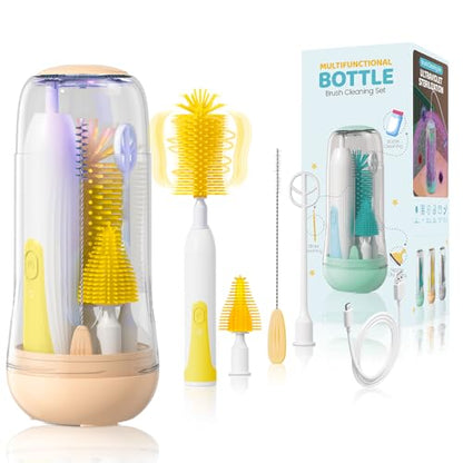 IvyWind Electric Travel Baby Bottle Brush Set with Storage Box, Automatic Bottle Cleaner Brush Kit with Silicone Bottle/Nipple/Straw Brush,Milk Frother Electric and Drainage Rack, Rechargeable, Yellow - color: Yellow