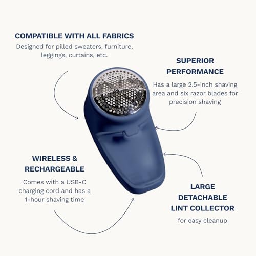 Nori Trim Fabric Shaver - Lint Remover for Clothes & Furniture Couch Pilling - Sweater Pill Remover - Clothes Shaver with 6 Precision Blades - Wireless and Rechargeable - Navy - color: Navy