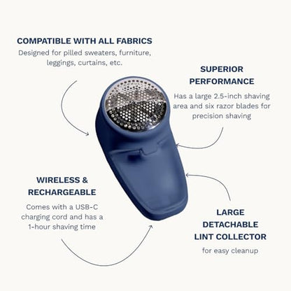 Nori Trim Fabric Shaver - Lint Remover for Clothes & Furniture Couch Pilling - Sweater Pill Remover - Clothes Shaver with 6 Precision Blades - Wireless and Rechargeable - Navy - color: Navy
