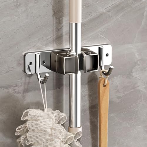Wall-Mounted Broom Holder Stainless Steel Mop Storage Rack Laundry Room Storage Solution Suitable for Kitchens, Gardens,Garages (Option B: 1 clip with 2 hooks) - color: Option B: 1 clip with 2 hooks
