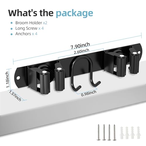 Broom Holder Wall Mount, Stainless Steel Mop and Broom Organizer, Broom Hanger with 2 Slots 2 Hooks for Home Kitchen, Garage, Garden and Laundry Room, Black - color: Black-1 Pack