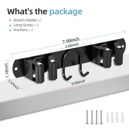 Broom Holder Wall Mount, Stainless Steel Mop and Broom Organizer, Broom Hanger with 2 Slots 2 Hooks for Home Kitchen, Garage, Garden and Laundry Room, Black - color: Black-1 Pack