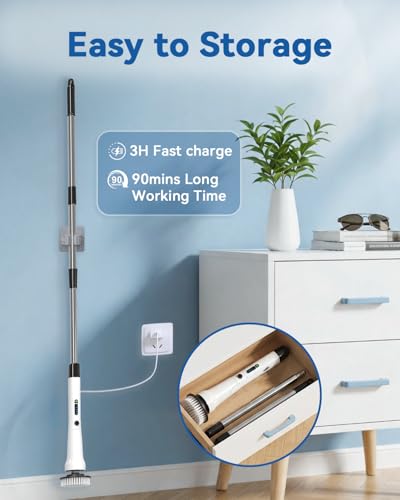 Electric Spin Scrubber, Hillyfe Bathroom Scrubber Electric with 7 Replaceable Brush Heads, IPX7 Waterproof,300/400 RPM, 3 Adjustable Length,Scrubber Brush Electric for Bathtub Floor,White - color: White
