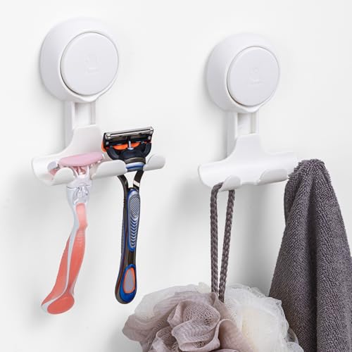 LEVERLOC Razor Holder for Shower 2 Pack, Powerful Suction Cup Shower Hooks for Towel, Loofah, Razor, Squeegee, Damage-Free Wall Hooks, Shaver Holder for Bathroom, Easy to Install and Reuse, White - color: White, Round