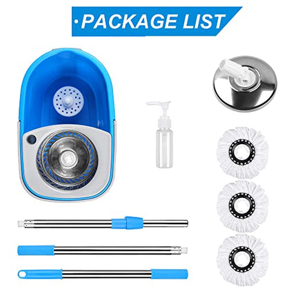 Mop Bucket with Wringer Set, Extended Stainless Steel Handle, 3 Microfiber Replacement Mop Head Refills, 2 Wheels for Household Cleaning, Hardwood Floor Tiles, Blue/Gray