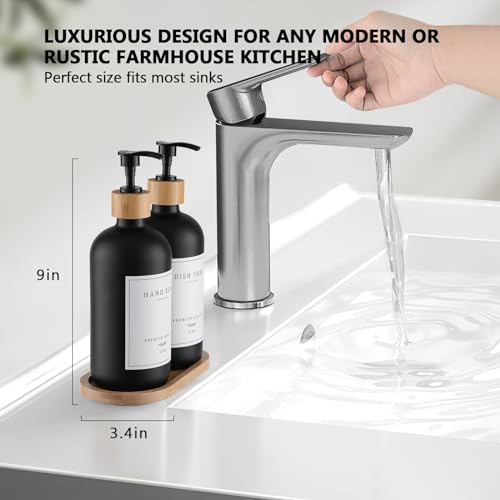 Black Glass Soap Dispenser - Hand Dish Soap Dispenser Set for Kitchen with Sturdy Pump and Tray, 14 Waterproof Labels, Bathroom Refillable Soap Lotion Dispenser-Black - color: Black Bottle + 14 Labels + Funnel + Tray