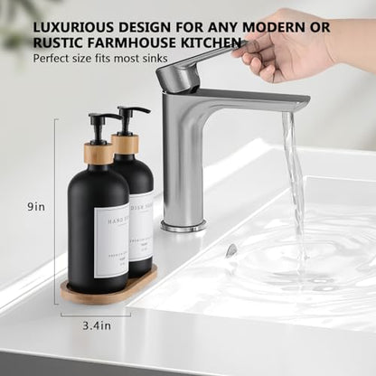 Black Glass Soap Dispenser - Hand Dish Soap Dispenser Set for Kitchen with Sturdy Pump and Tray, 14 Waterproof Labels, Bathroom Refillable Soap Lotion Dispenser-Black - color: Black Bottle + 14 Labels + Funnel + Tray