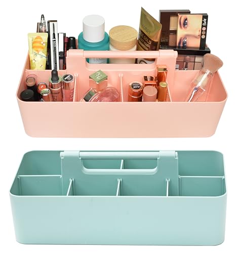 Portable Caddy Organizer -2 Stackable Plastic Caddy with Handle | Desk, Makeup, Dorm Caddy, Classroom Art Organizers (Made In Usa) (Mint/Indie Pink) - color: Mint / Indie Pink
