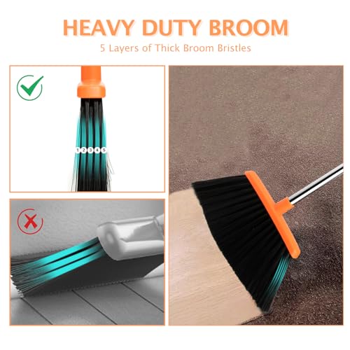 2-Pack Broom and Dustpan Set with Long Handle, Heavy Dust Broom and Dustpan Combo for Home，Kitchen, Office, Pet Hair (Brown Orange) - color: Brown Orange 2-pack