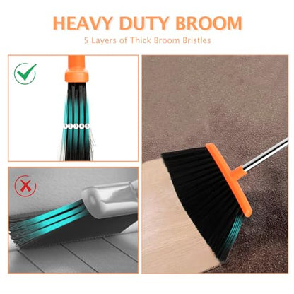 2-Pack Broom and Dustpan Set with Long Handle, Heavy Dust Broom and Dustpan Combo for Home，Kitchen, Office, Pet Hair (Brown Orange) - color: Brown Orange 2-pack