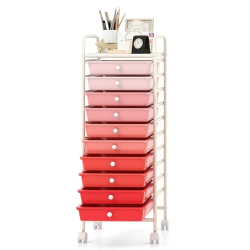MEDIMALL 10 Drawers Rolling Storage Cart, Multipurpose Craft Storage Cart with Wheels, Mobile Tools Scrapbook Paper Organizer Cart for Office School Home Use - color: Gradient Pink
