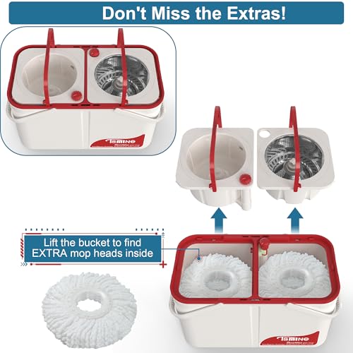 Gen 1 Large-Capacity Spin Mop and Bucket – for Big Homes & Deep Cleaning Days,4-Chamber System Separates Dirty & Clean Water, 2-GAL Heavy-Duty Design with Wheels & 6 Refill Mop Heads - White/Red - size: White/Red+6 Mop Heads