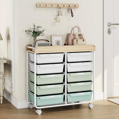 10 Drawers Rolling Cart with Wooden Tabletop, Utility Storage Cart with Wheels, Art Supply Craft Organizer on Wheel with Metal Frame & Handles for Home Office School,Green - color: Green