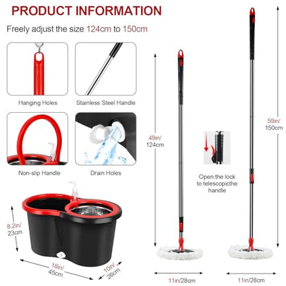 Spin Mop and Bucket with Wringer Set, 360° Spinning Mop Bucket System with 3 Microfiber Mop Replacement Heads, Adjustable Handle for Floor Cleaning (Black) - color: Black