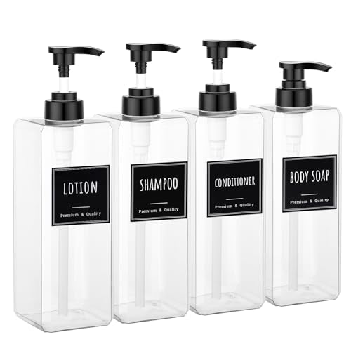 Segbeauty 33.8oz Clear Large Plastic Soap Dispenser Bathroom, 4pcs Large Capacity Refillable Shampoo and Conditioner Dispenser, 1000ml Body Lotion Bottle, Square Empty Cream Pump Bottles with Labels - color: Clear, style: 4pcs