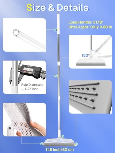 Silicone Floor Squeegee, 180° Rotating Air Broom, Squeegee for Floor with a Long Handle, Magic Broom for Water and Pet Hair Removal on Bathroom Floors, Tile, Deck and Glass, Indoor Cleaning Tool - size: 11.8" | Soft TPR Silicone with Raised Dots