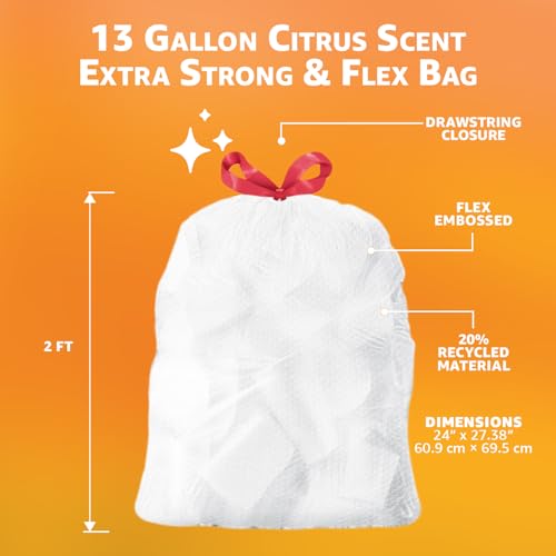 Amazon Basics Extra Strong & Flex Tall Kitchen Drawstring Trash Bags, Citrus Scent, 13 Gallon, 40 Count