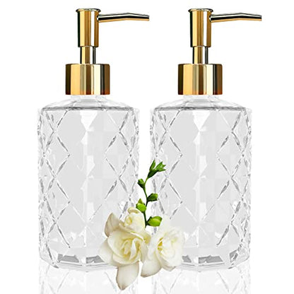 Clear Glass Soap Dispenser with Gold Plastic Pump, 2 Pack 12oz Diamond Hand Soap Dispenser, Refillable Lotion Dispenser & Dish Bathroom Dispenser for Liquid, Shower Gel - color: Crystal Clear