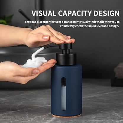 Enra Thick Glass Foaming Soap Dispenser with Clear Window,12oz Blue Bathroom Soap Dispenser with Stainless Steel Pump, Modern Boho Refillable Pump Bottle for Bathroom Kitchen (Foam-Blue) - color: Blue Foam Dispenser