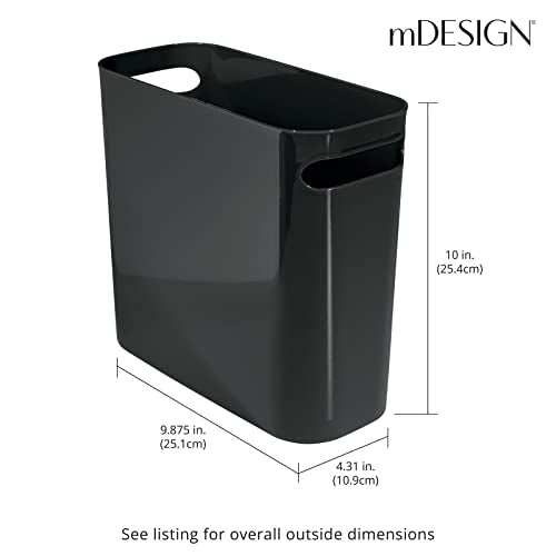 mDesign Plastic Small Trash Can, 1.5 Gallon/5.7-Liter Wastebasket, Narrow Garbage Bin with Handles for Bathroom, Laundry, Home Office - Holds Waste, Recycling, 10" High, Aura Collection, Black - color: Black