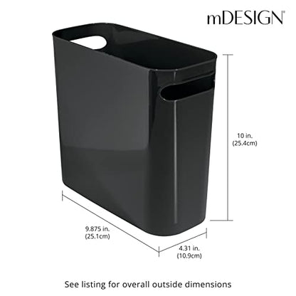 mDesign Plastic Small Trash Can, 1.5 Gallon/5.7-Liter Wastebasket, Narrow Garbage Bin with Handles for Bathroom, Laundry, Home Office - Holds Waste, Recycling, 10" High, Aura Collection, Black - color: Black