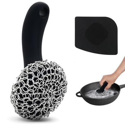 Cast Iron Scrubber with Long Handle | 316 Cast Iron Cleaner Chainmail Scrubber for Cast Iron Pan Skillet Cleaner - Dish Scouring Pad Dishwasher Safe Cleaning Kit (Black, 1 Scrubber + 1 Scraper) - color: Black, 1 Scrubber + 1 Scraper