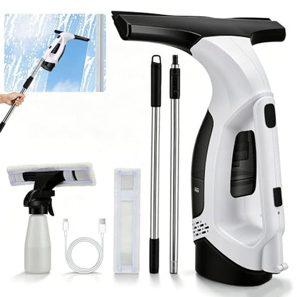 Window Vacuum Squeegee Cordless with Extension Pole 31-40", 2000Pa Window Cleaner Tool with 2200mAh & 150ml Dirty Water Tank, Reusable Cleaning Cloth Head, for Shower Door, High Window &Car Windshield