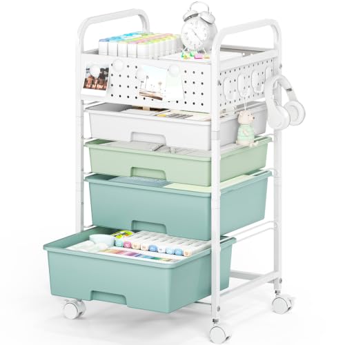 4 Drawer Rolling Storage Cart with Pegboard Top and Hooks, Mobile Organizer Cart with Wheels for Office Supplies, Craft Storage, Classroom Organization, Home Utility Cart, Gradient Green - color: Gradient Green, size: 4-Drawers
