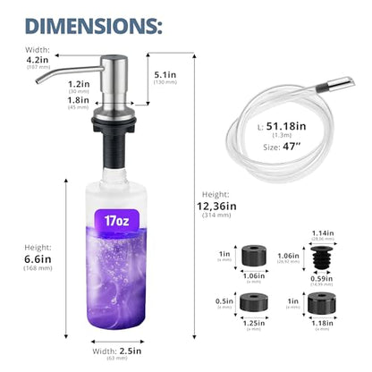 SBEN Built-in Kitchen Sink Soap Dispenser – Stainless Steel Brushed Nickel Pump, 17 oz Bottle and Extension Tube Kit 47", Upgraded Metal Check Valve, Countertop Hand Soap & Lotion Dispenser - color: Brushed Nickel
