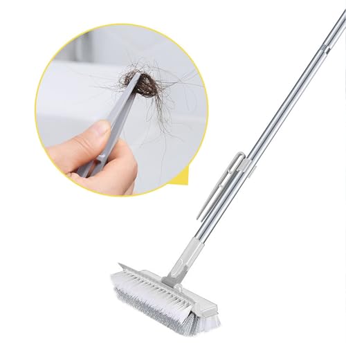 Grout Scrub Brush with 42" Long Handle Double-Sided Floor Scrub Brush V-Shape Grout Cleaner with Squeegee 180° Rotating for Tile Floors, Baseboards, Wall - color: White