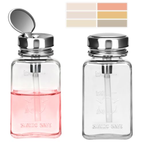 2PCS 6Oz/180ML Clear Glass Pump Dispenser Bottle, Metal Flip Top Press Container, Refillable Liquid Dispenser for Nail Polish Remover, Makeup Remover & Alcohol - Leak-Proof for Home, Salon & Travel - size: Square + Square
