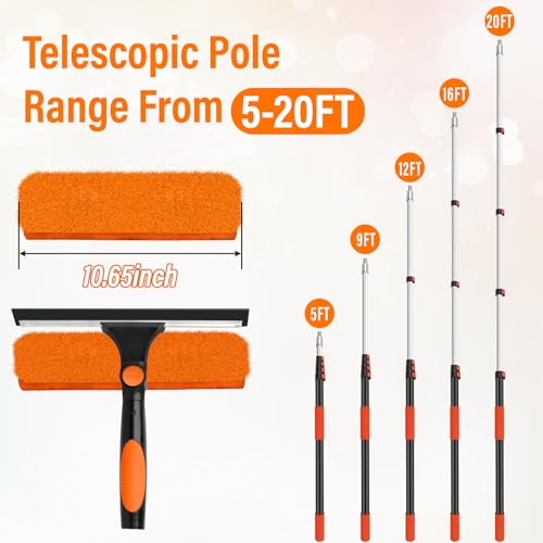 26FT Telescoping Window Squeegee Kit | 2-in-1 Professional Window Washer & Microfiber Scrubber with Extension Pole | High Reach Cleaning Tool for Outdoor, Indoor Windows & Glass - size: 20FT