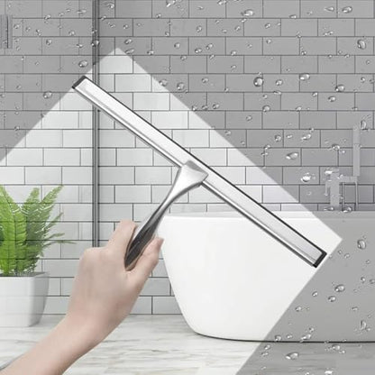 J&V TEXTILES All-Purpose Stainless Steel Shower Squeegee for Glass Doors with Adhesive Hooks, Squeegee for Shower Glass, Bathroom Household Cleaner Tool, 10 Inch (Silver) - color: Silver