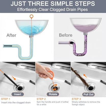 Hair Catcher Drain Auger Cleaner Tool Set - 3 × 53 Inch Sink Snake + 1 × 35 Inch Drain Clog Remover, Set For Toilet, Kitchen Sink, Bathroom Tub, Sewer，4 Pack