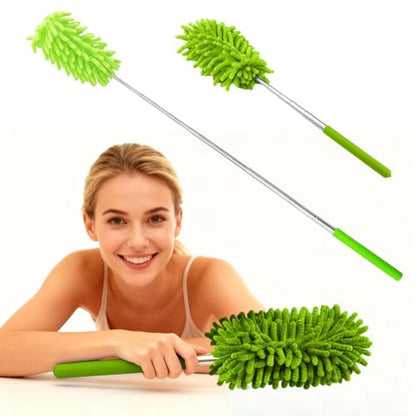Extendable Microfiber Duster, Telescoping Dusting Brush for Home and Car Cleaning, Adjustable Length, Soft and Flexible - color: Elongated Green