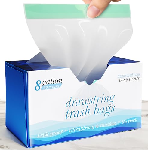 8 Gallon Drawstring Garbage Bags 0.8 Mil Ultra Strong Medium Kitchen Trash Bags Medium Plastic Bags - Individual, Unscented, White, 23"x27", 50 Count - size: 50 Count (Pack of 1)