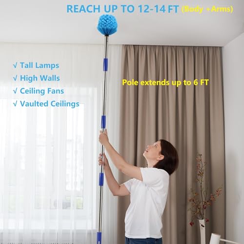 Cobweb Duster with Extension Pole, 6 FT Stainless Steel Pole with Spider Web Brush Head Ceiling Fan Duster for Outdoor Indoor Cleaning, Reach UP to 12-14 FT - size: 6 FT(REACH UP TO 12-14 FT)