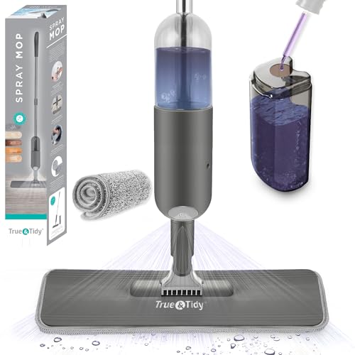 True & Tidy® SPRAY-250 Multi-Surface Spray Mop with Refillable Water Bottle for Floor Cleaning, Works on Wood, Tile, Marble etc, Use Any Cleaning Solution, Machine Washable Microfiber Mop Pads, Gray