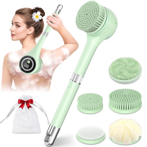 Electric Body Brush Back Scrubber for Shower, Waterproof Long Handle Power Auto Body Scrubber with 5 Heads, 3-Speed Rechargeable Bath Brush for Women, Men, Deep Cleansing, Exfoliating, Massage Skin - color: Green