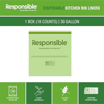 Responsible Products Kitchen Bin Liners, Certified Compostable, Heavy Duty Multipurpose Food Scrap Bags, Made from Compostable Materials (30 Gallon Drawstring, (18 Count)) - size: 30 Gallon (18 Count), style: 30 Gallon Drawstring