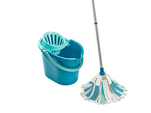 Leifheit Power 3in1 Floor Set, Complete Mop & Bucket Set, Mop-3 Different Fibres 27cm Long Ensure Effective Clean, 12 L Bucket with Wringer, 3 Part 120 cm Steel Handle, Viscose, Turquoise, Medium